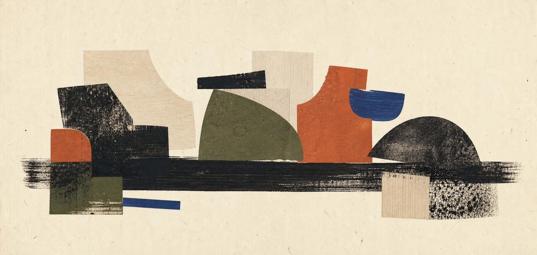 Painted paper forms in charcoal, terracotta, moss and blue